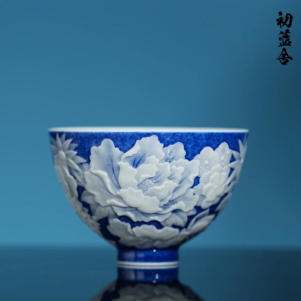 初蓝舍洒蓝万花套组茶具    景德镇全手工 堆白雕刻 手绘陶瓷茶器