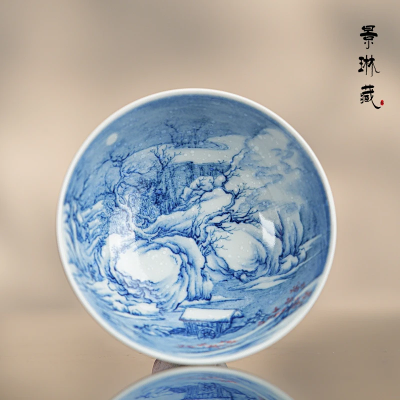 景琳藏雪涧盘车图杯80cc  景德镇釉下彩 全手工 中式青花手绘茶具