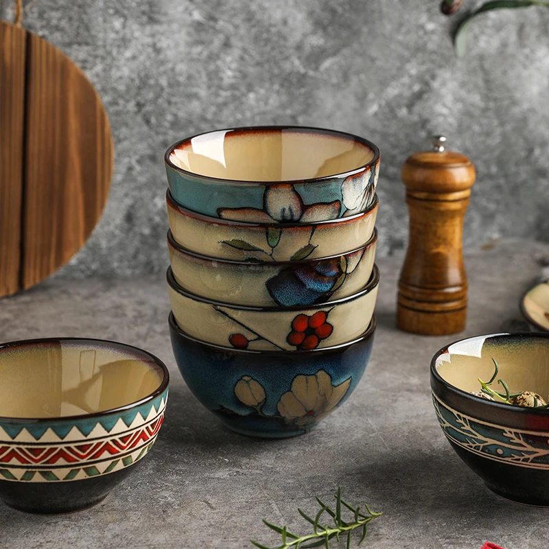 舍里窑变釉创意陶瓷米饭碗手绘花手工碗个性窑变吃饭碗防烫家用碗