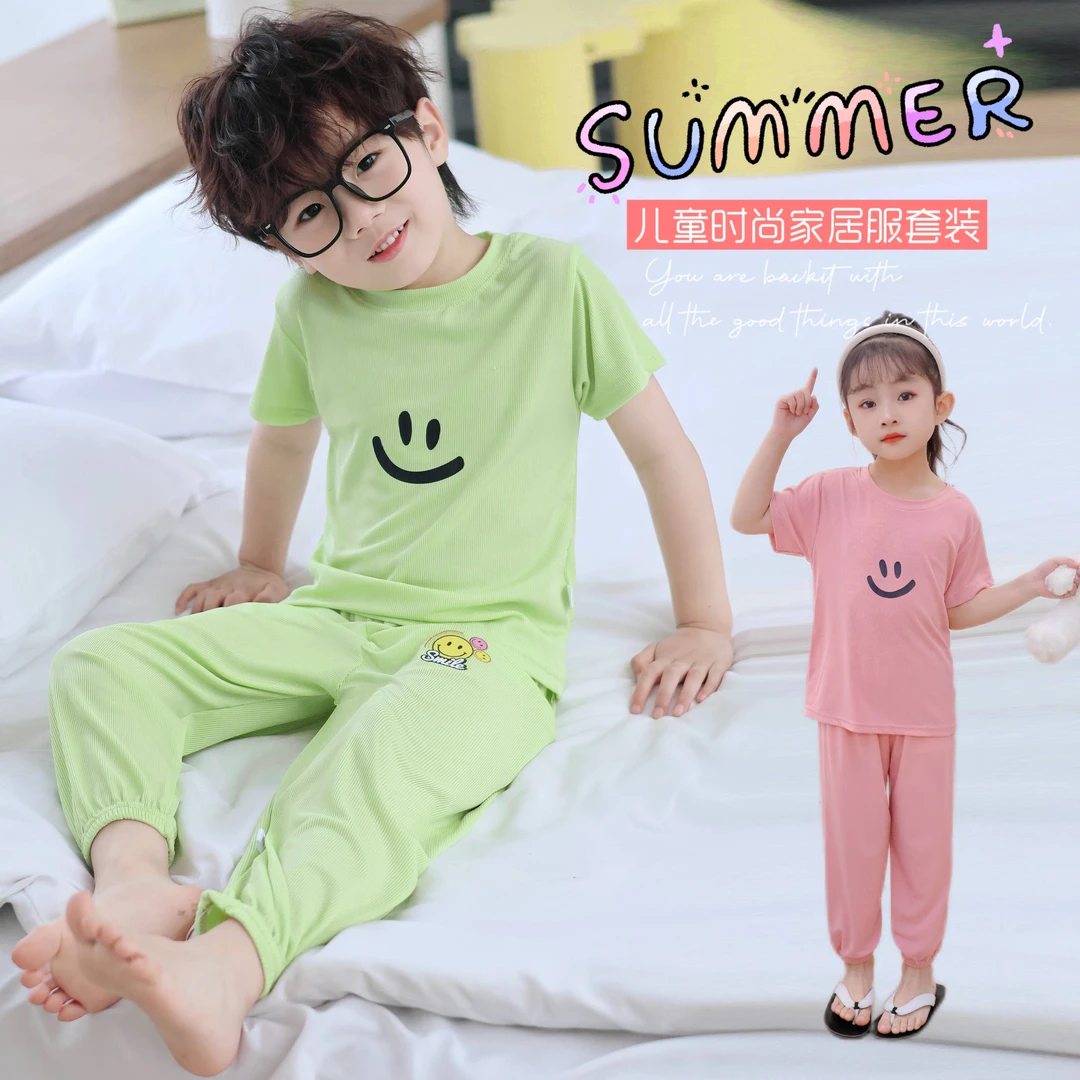 糖果色薄款夏季家居服套装休闲男女通用套装夏装中大童童装防蚊裤