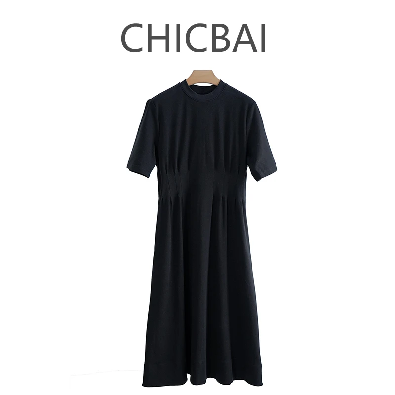 CHIC白 那条黑裙 褶皱收腰连衣裙黑色