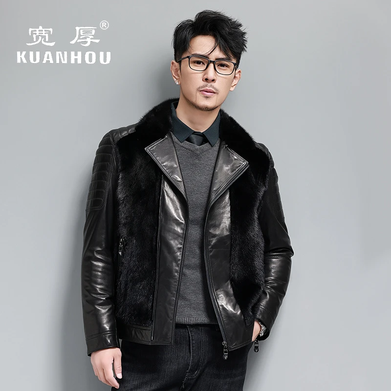 整貂拼接头层山羊皮男士鹅绒服冬季休闲时尚真皮保暖夹克帅气外套