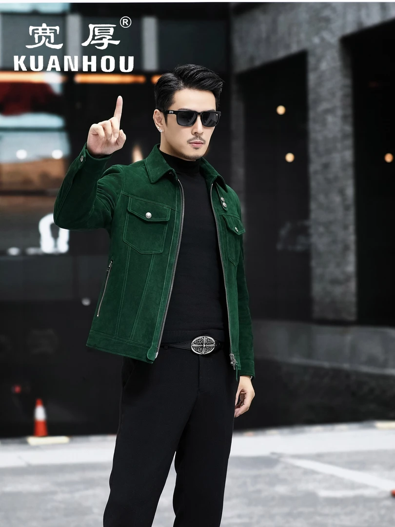 海宁新款高端真皮皮衣男反绒山羊皮短款翻领时尚帅气轻奢商务百搭