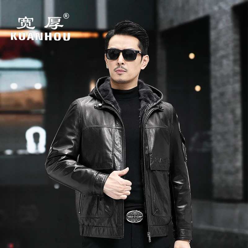 可脱卸水貂内胆整貂男保暖真皮皮衣连帽修身休闲冬季爆款短款外套