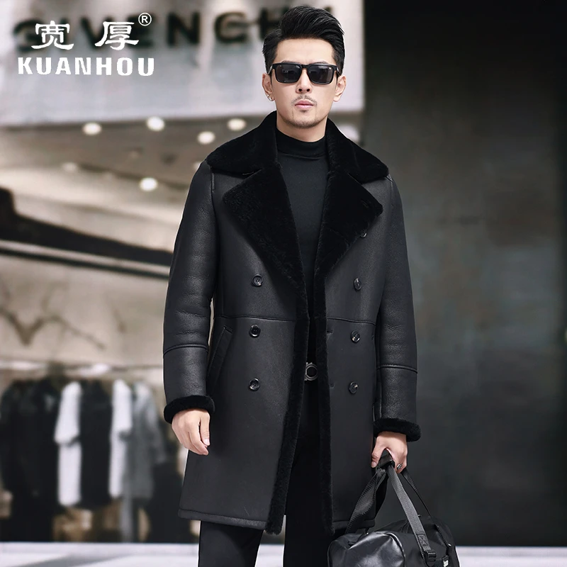 中长款进口美利奴高档原生态皮毛一体加厚男西装领冬季保暖外套