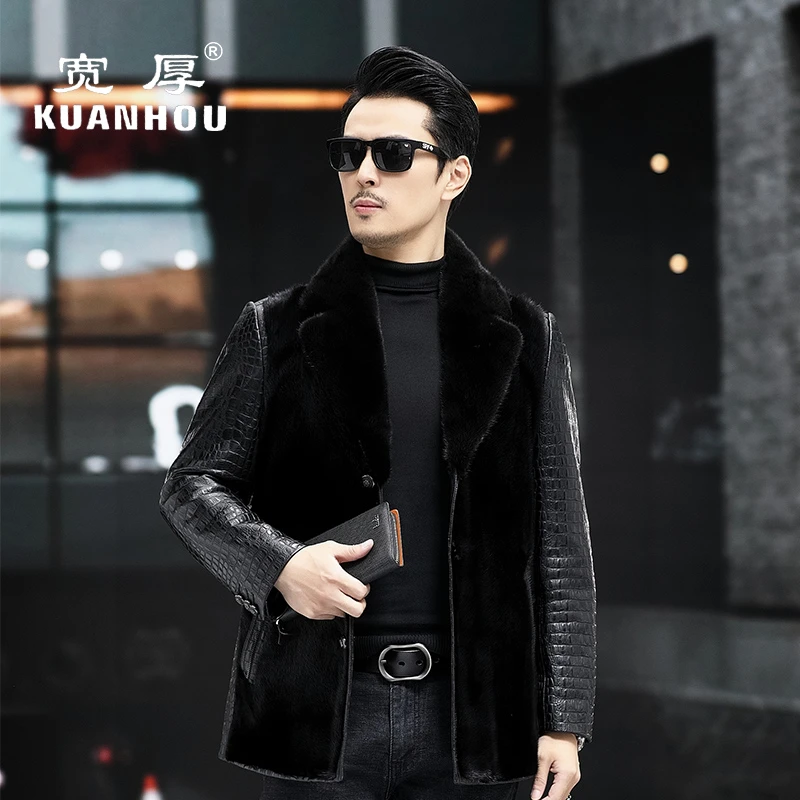 海宁水貂绵羊皮鹅绒40岁男士真皮皮衣老板高端商务加绒保暖外套