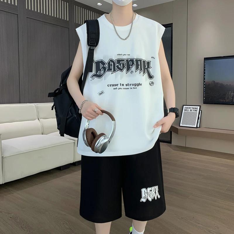 夏季新款青少年运动休闲套装无袖T恤港风潮流帅气百搭宽松套装862