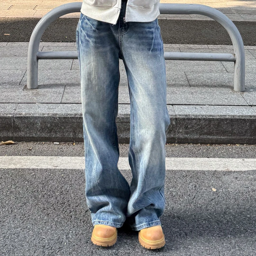 【OXOZ】秋冬男女款闪电纹复古水洗做旧直筒牛仔裤子宽松