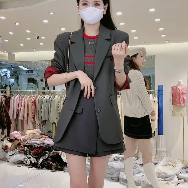 高级拼色西装外套女2024秋季新款百搭通勤流浪单宁网红西服小个子