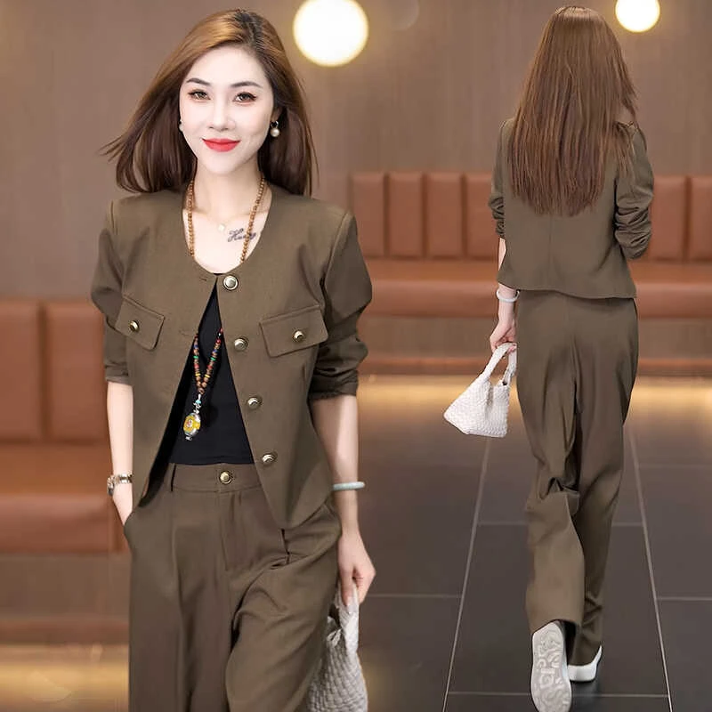 时尚休闲套装女2024春秋新款洋气减龄显瘦小香风外套阔腿裤两件套