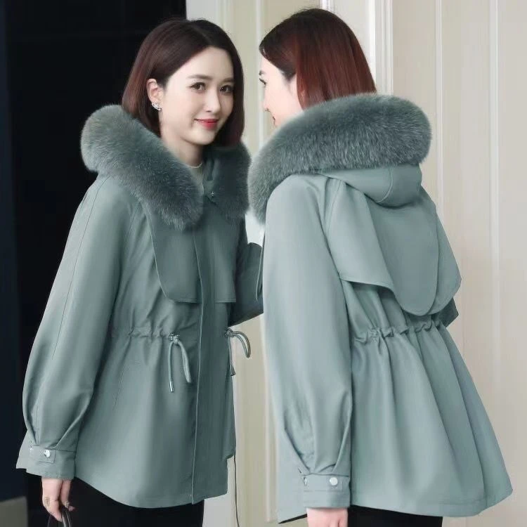 【万人迷】新款万人迷女獭兔毛内胆狐狸毛领短款外套秋冬加厚派克服