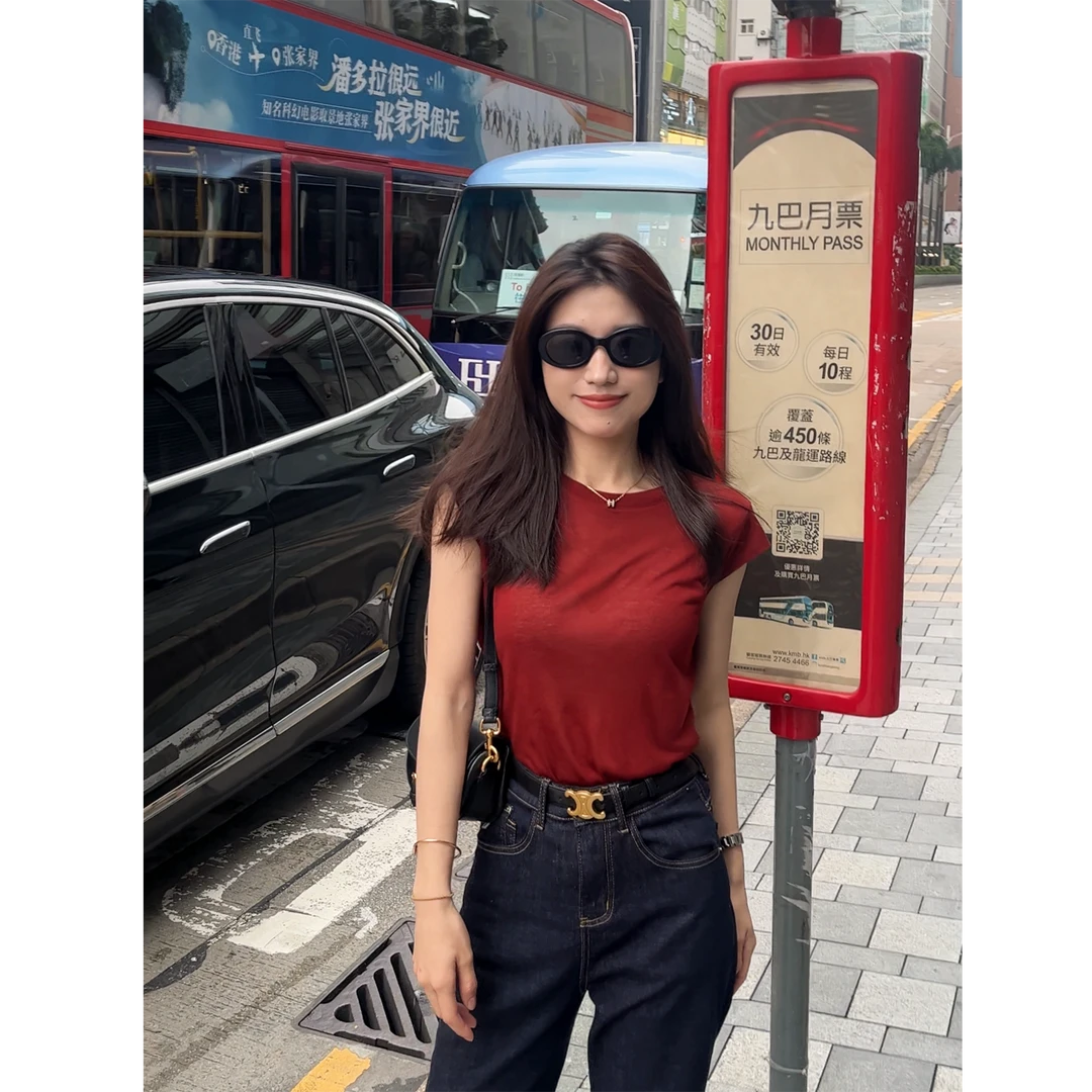 大丫   港风感  舒适百搭莫代尔桑蚕丝包肩背心t恤