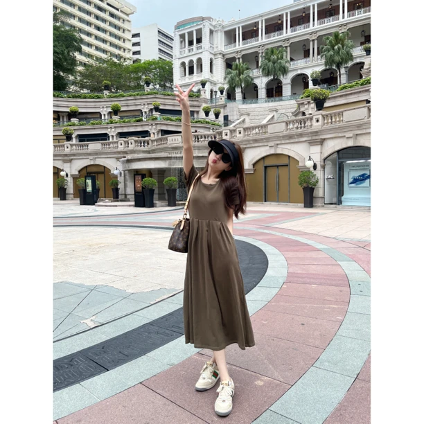 大丫 南法假日 赫本风显瘦百褶连衣长裙