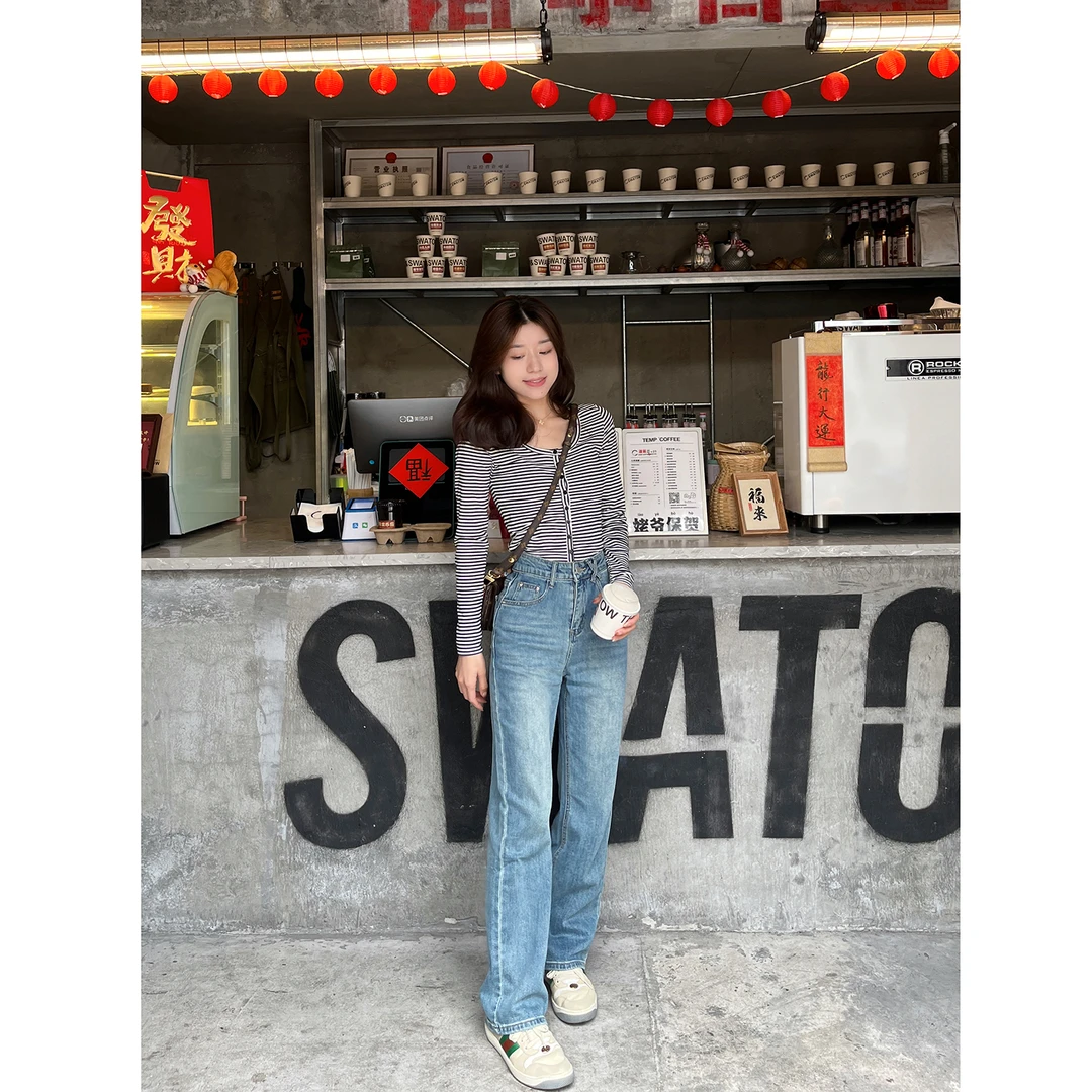 大丫  早春高腰显瘦牛仔阔腿裤