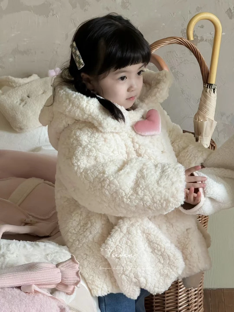 7seven 女童冬款加厚米白连帽中长款大衣毛毛外套8203
