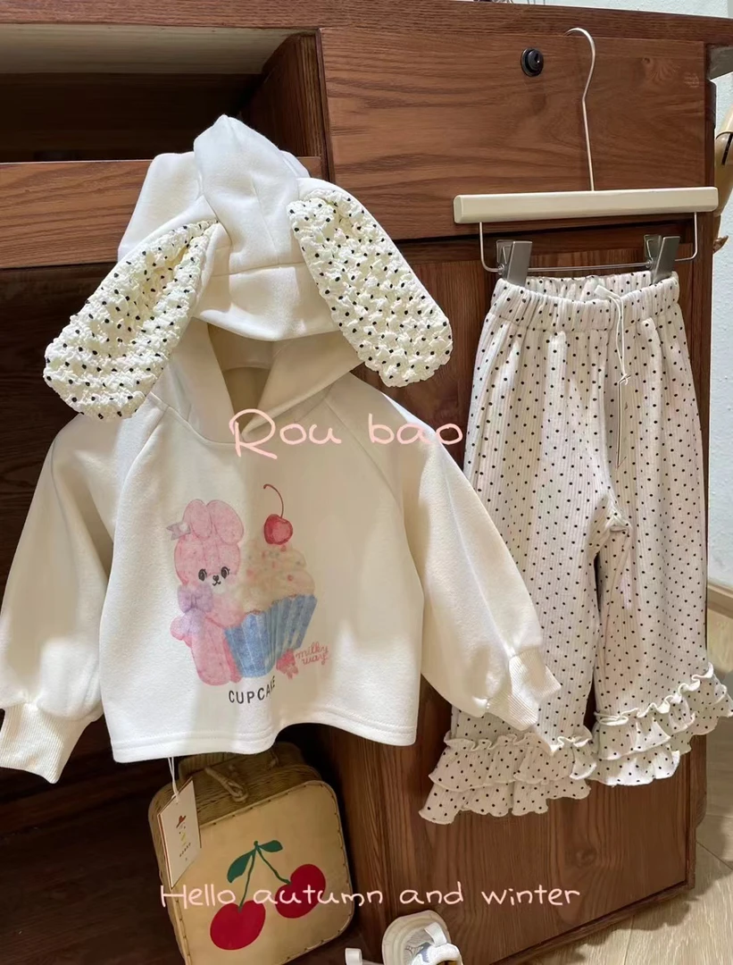 女童2024秋款可爱兔子连帽卡通卫衣3937 圆点喇叭裤3696 肉宝
