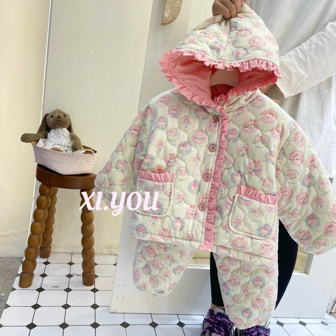 喜又7130冬季加厚连帽可爱睡衣两件套粉色加绒夹棉家居服三层加厚