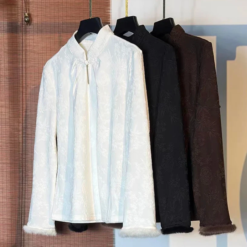 秋款复古时尚旗袍领盘扣褶皱弹力提花打底衫女保暖长袖小衫百搭