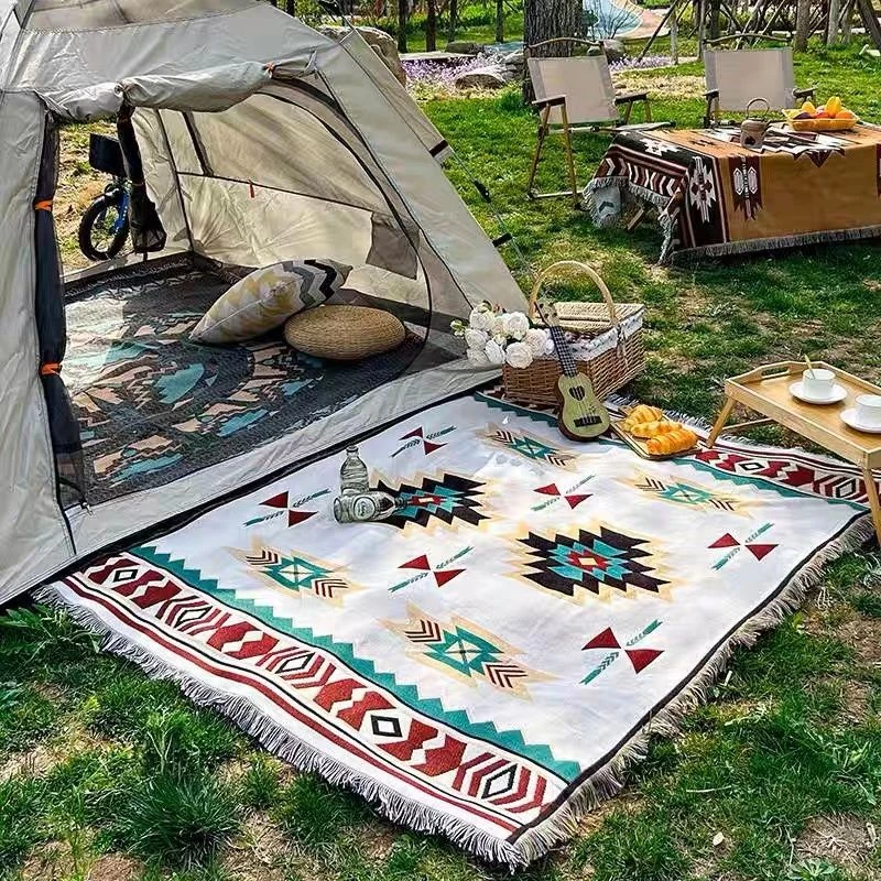 户外露营毯复古针织线毯美式野营桌布草坪地垫帐篷防潮野餐垫