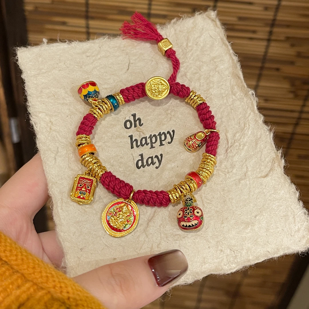 铜合金手链   【高定版】1090红绳款吉祥黄财神盘缠手链轻奢设计