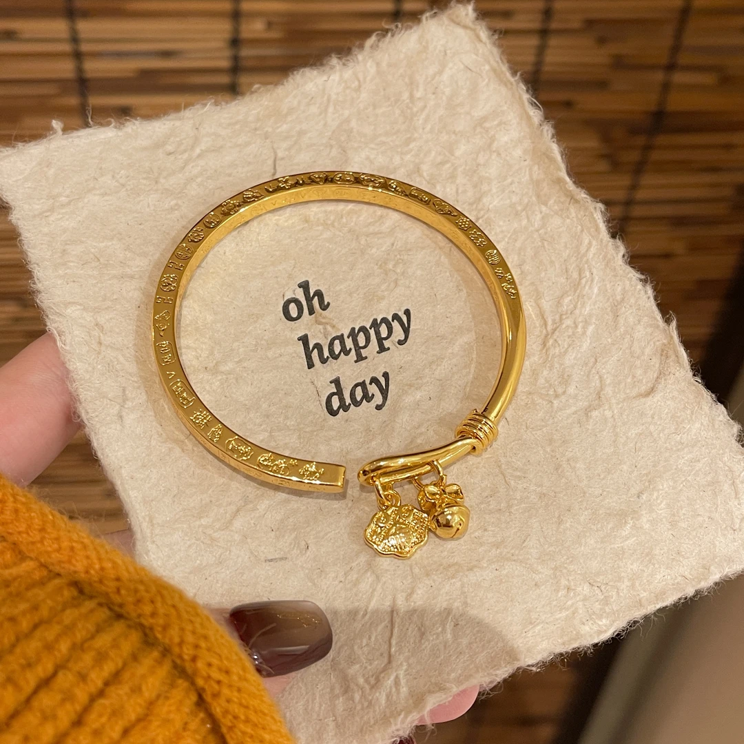 铜合金手链 【高定版】1085新款百搭开口民族风挂铃铛如意福吉言付