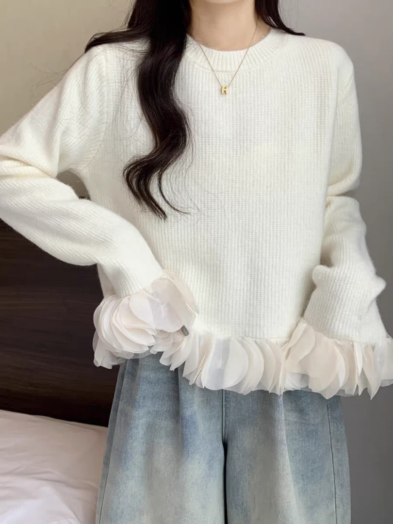 流苏花瓣拼接针织毛衣女