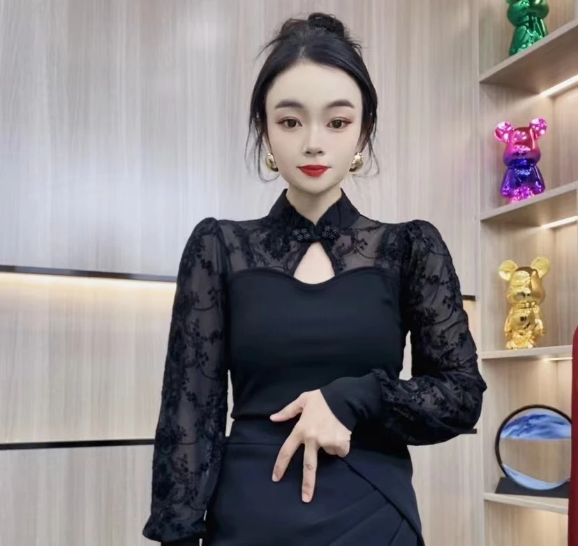 复古盘扣立领打底衫女性感镂空网纱拼接T恤洋气修身长袖上衣时尚