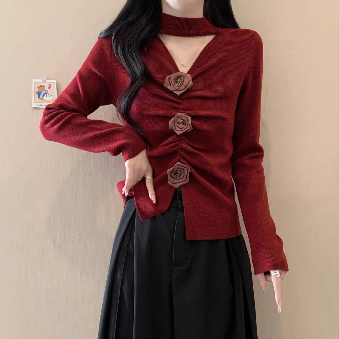 法式修身v领毛衣针织衫秋冬季女洋气显瘦2024新款打底内搭上衣