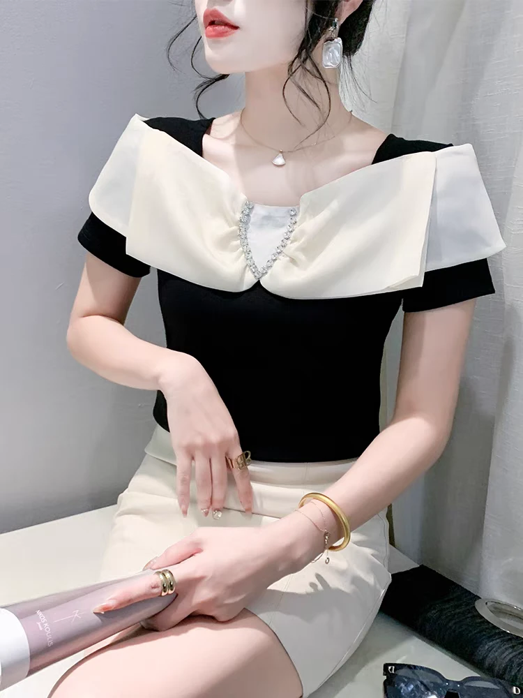 时尚性感方领T恤短袖夏装设计感蝴蝶结上衣修身显瘦洋气上衣百搭