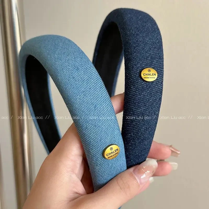 韩式牛仔蓝金属标发箍女2024新款高颅顶气质头箍简约百搭宽边头饰