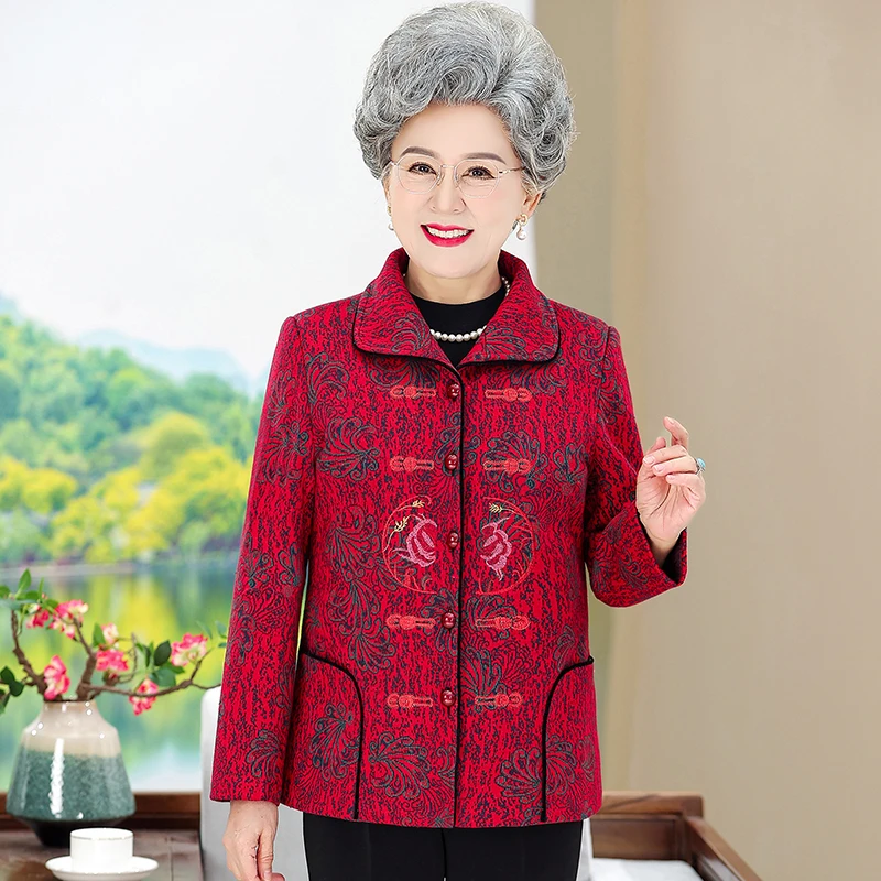 老年人70-80岁秋冬女外套奶奶唐装喜婆婆婚宴衣服老太太红色上衣
