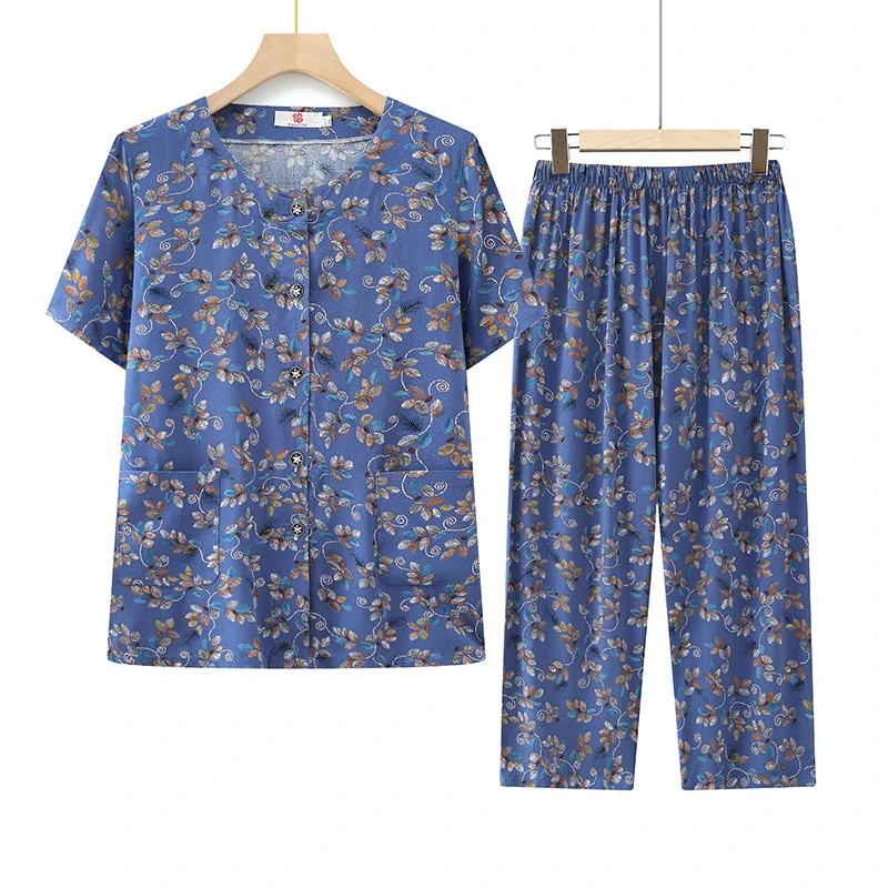 中老年人夏装套装女妈妈短袖棉绸开衫老人衣服奶奶老太太两件套