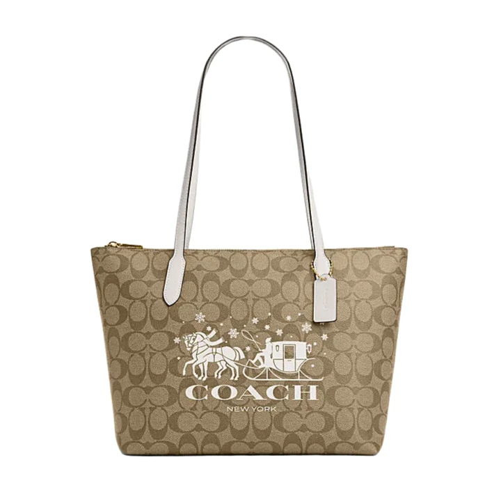COACH/蔻驰经典标志和马车图案顶部拉链托特包CN626 卡其白
