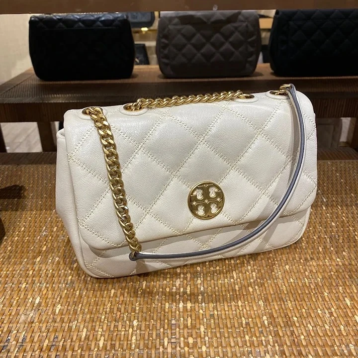 TORY BURCH/汤丽柏琦Willa 菱格纹单肩斜挎包 中号白色