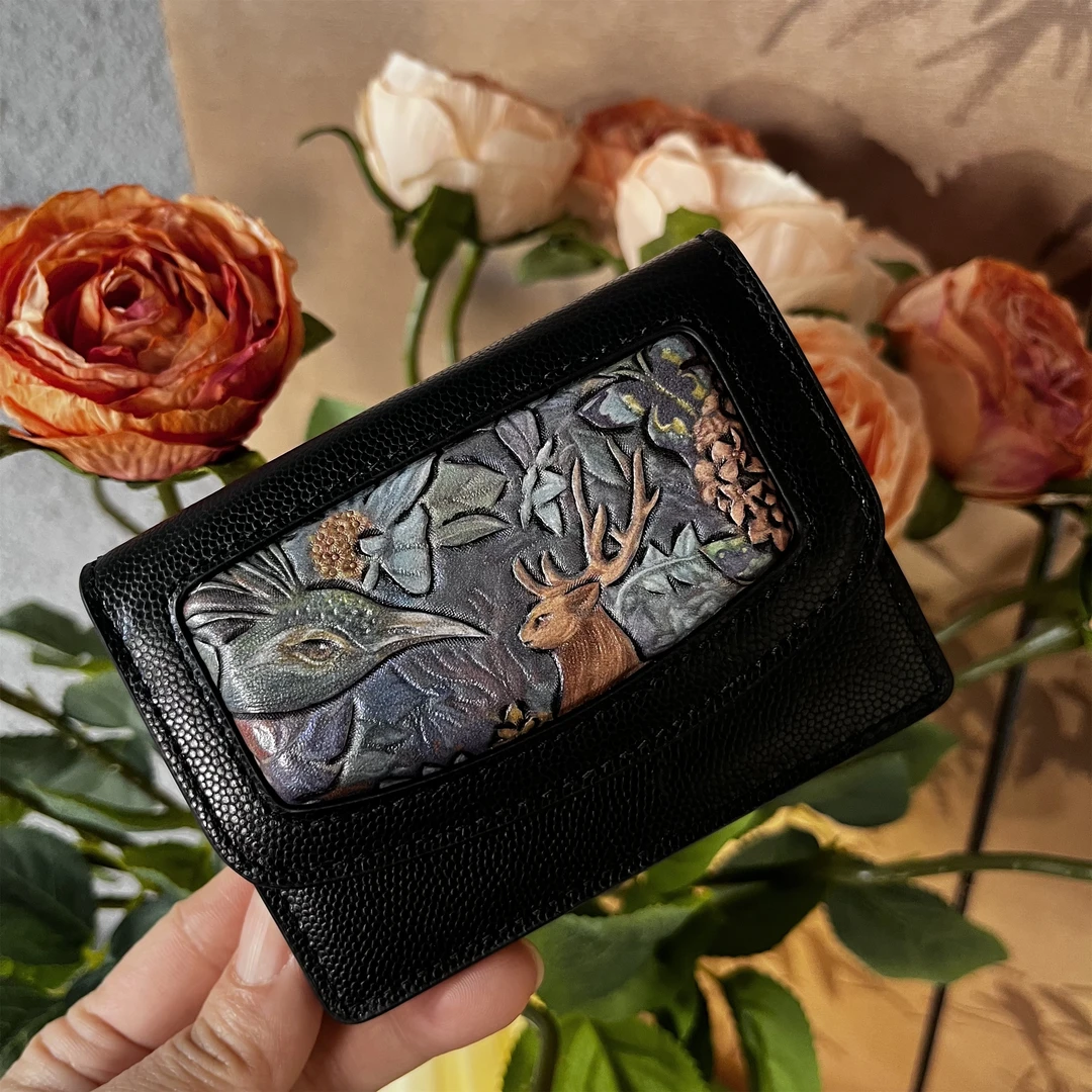 【丛林卡包】丛林皮雕系列小卡包手工雕刻真皮黑色