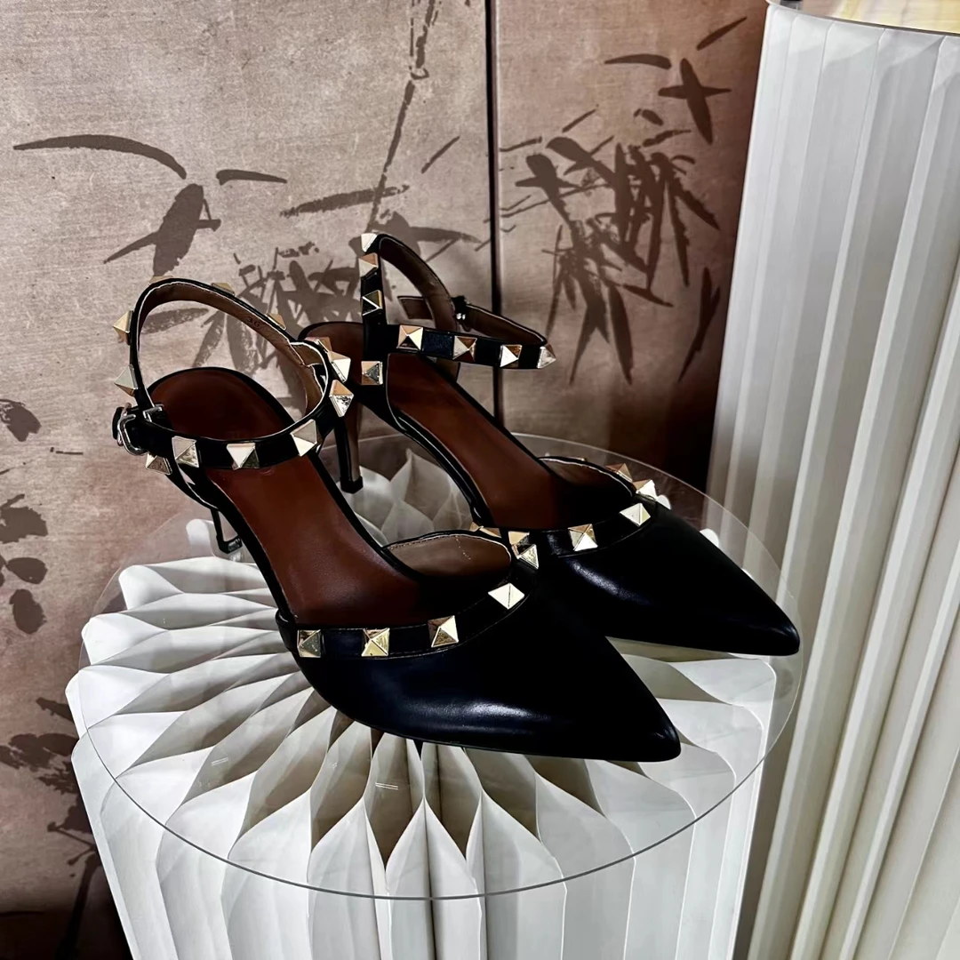 JRQIAO【铆钉半包凉鞋】经典女士真皮潮流舒适时尚凉鞋高跟鞋