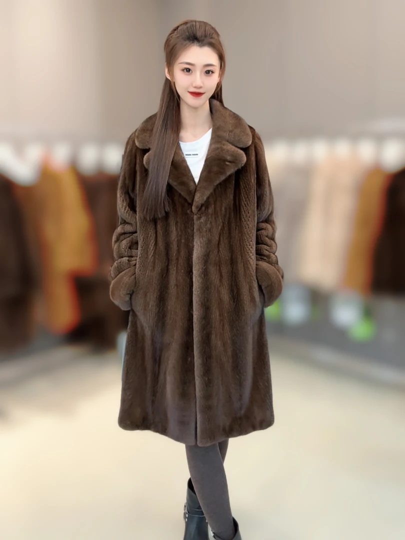 新款咖啡色 全抽刀 复古 西服领挽袖 长款水貂皮草外套衣长110