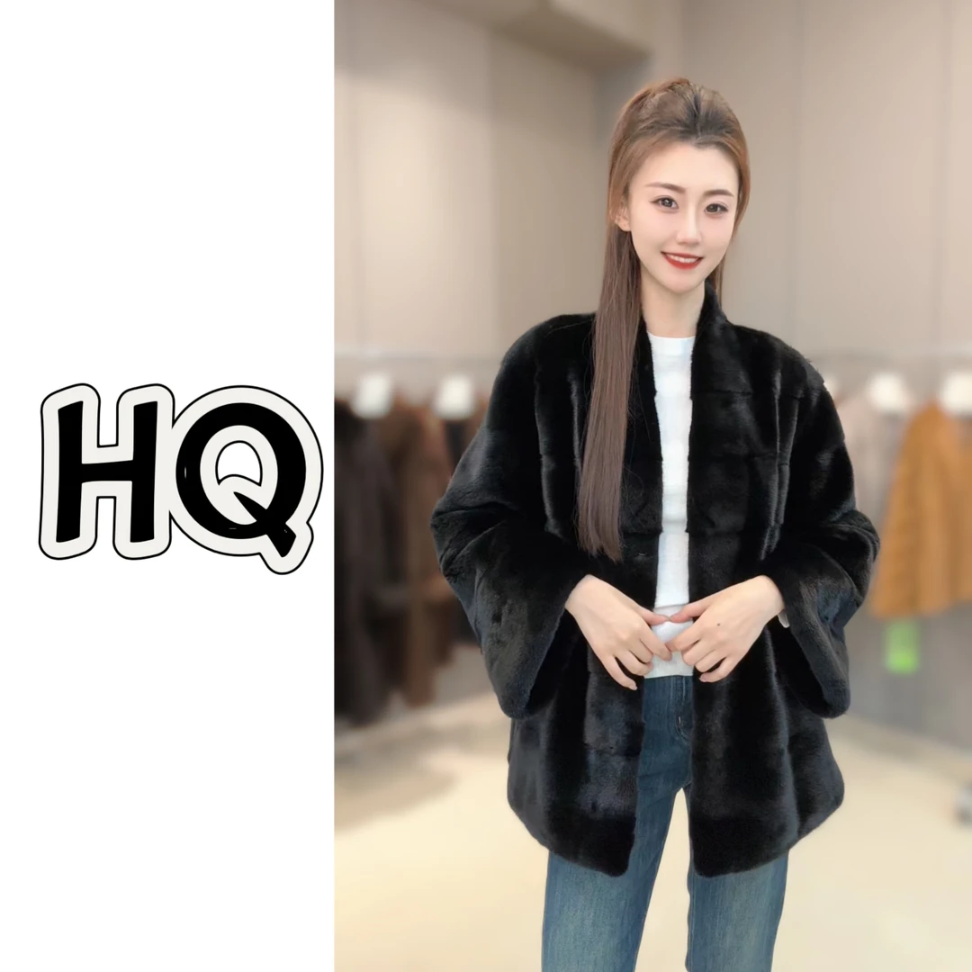 2024新款 宝嘉美 黑色 横排中长款水貂皮草外套 慵懒 宽松