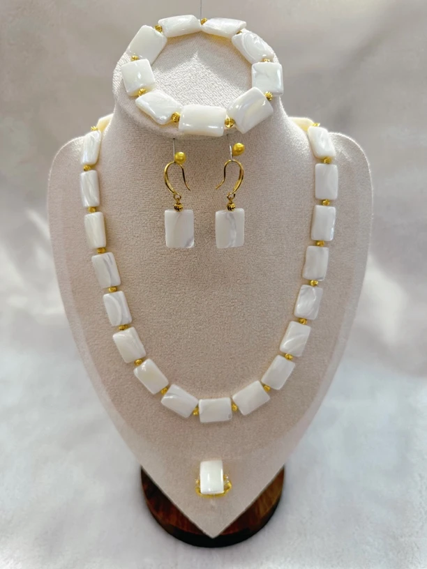铜合金贝珠项链 气质贝壳珠白色长方民族风4件套