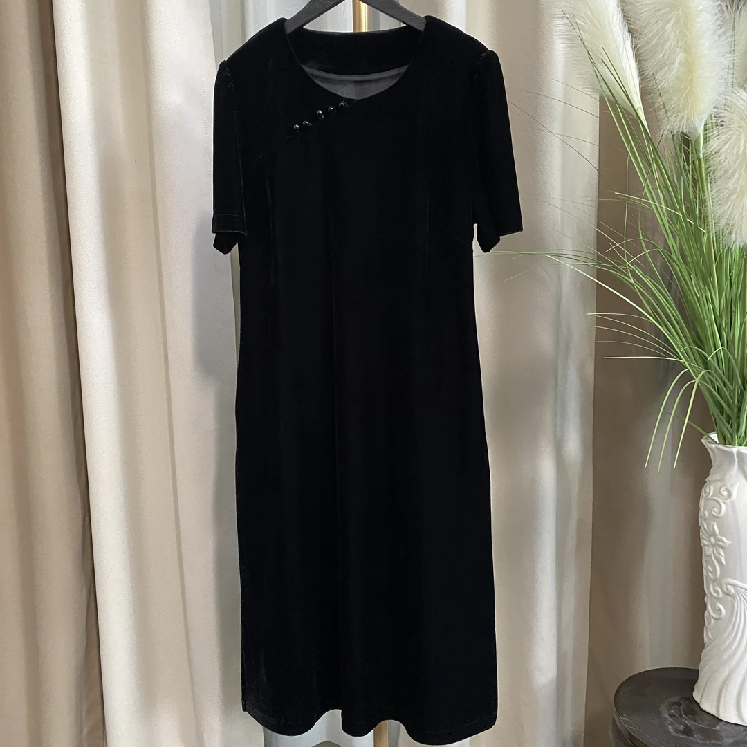 新款定制丝绒复古新中式半袖国风气质连衣裙