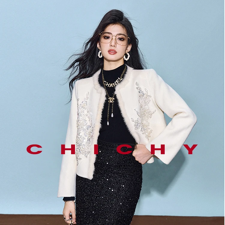 【尚雅】CHICHY洋气短款上衣白色双面呢毛呢外套CT2E003243