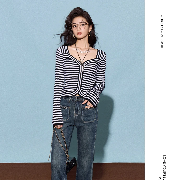 【彭彭echo专属】CHICHY黑色条纹毛针织衫CT0D008244