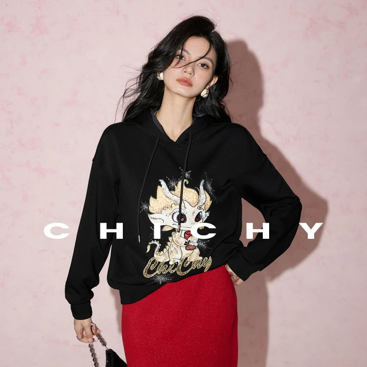 【尚雅】CHICHY小众慵懒风印花连帽卫衣CC1F002241