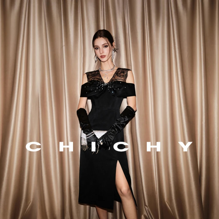 【彭彭echo专属】CHICHY复古名媛风V领蕾丝拼接连衣裙CC8C007242