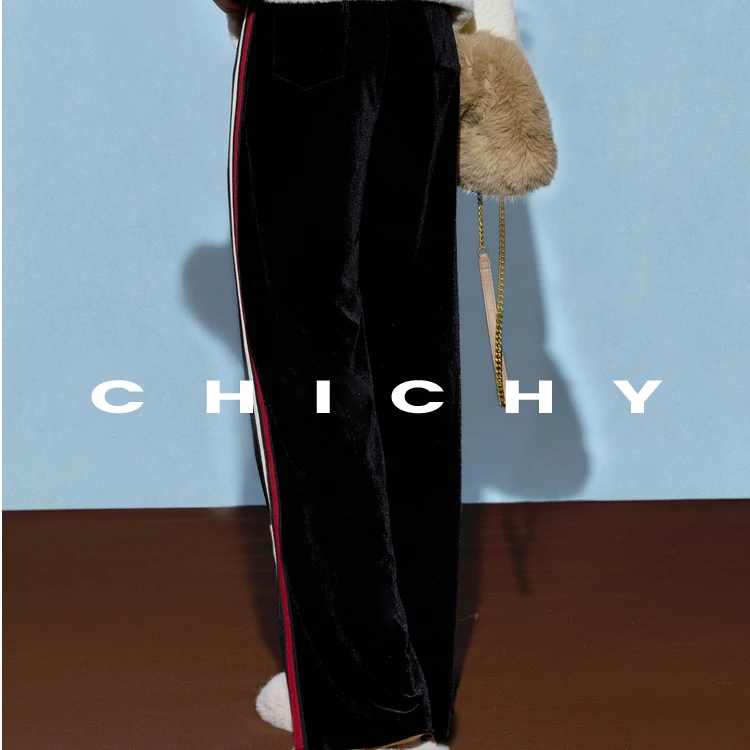 【诗语专属】CHICHY法式名媛黑色开叉丝绒休闲裤CC6E005244
