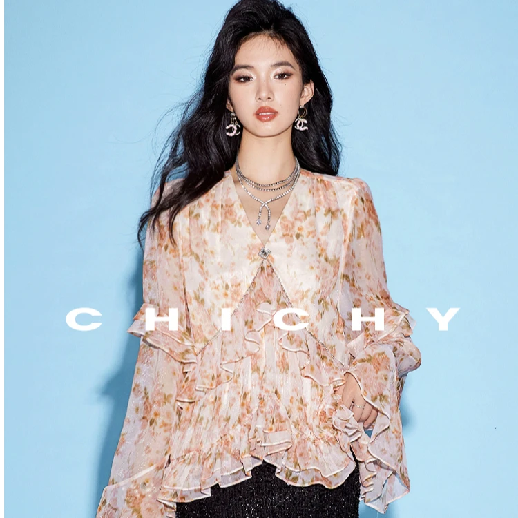 【彭彭echo专属】CHICHY慵懒度假风温柔长袖碎花雪纺衬衫CC1E004243