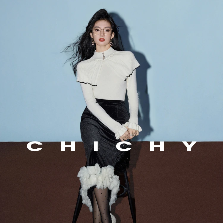 【高高甄选】CHICHY独特重工蕾丝拼接设计丝绒半身裙CW5C003244