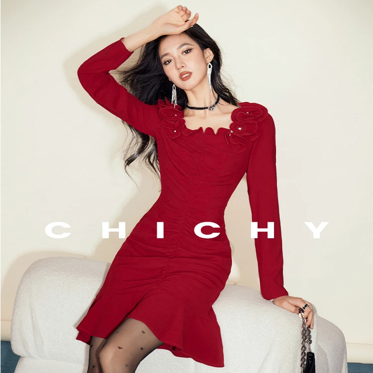 【尚雅】CHICHY法式复古千金风长袖连衣裙CT8F001243