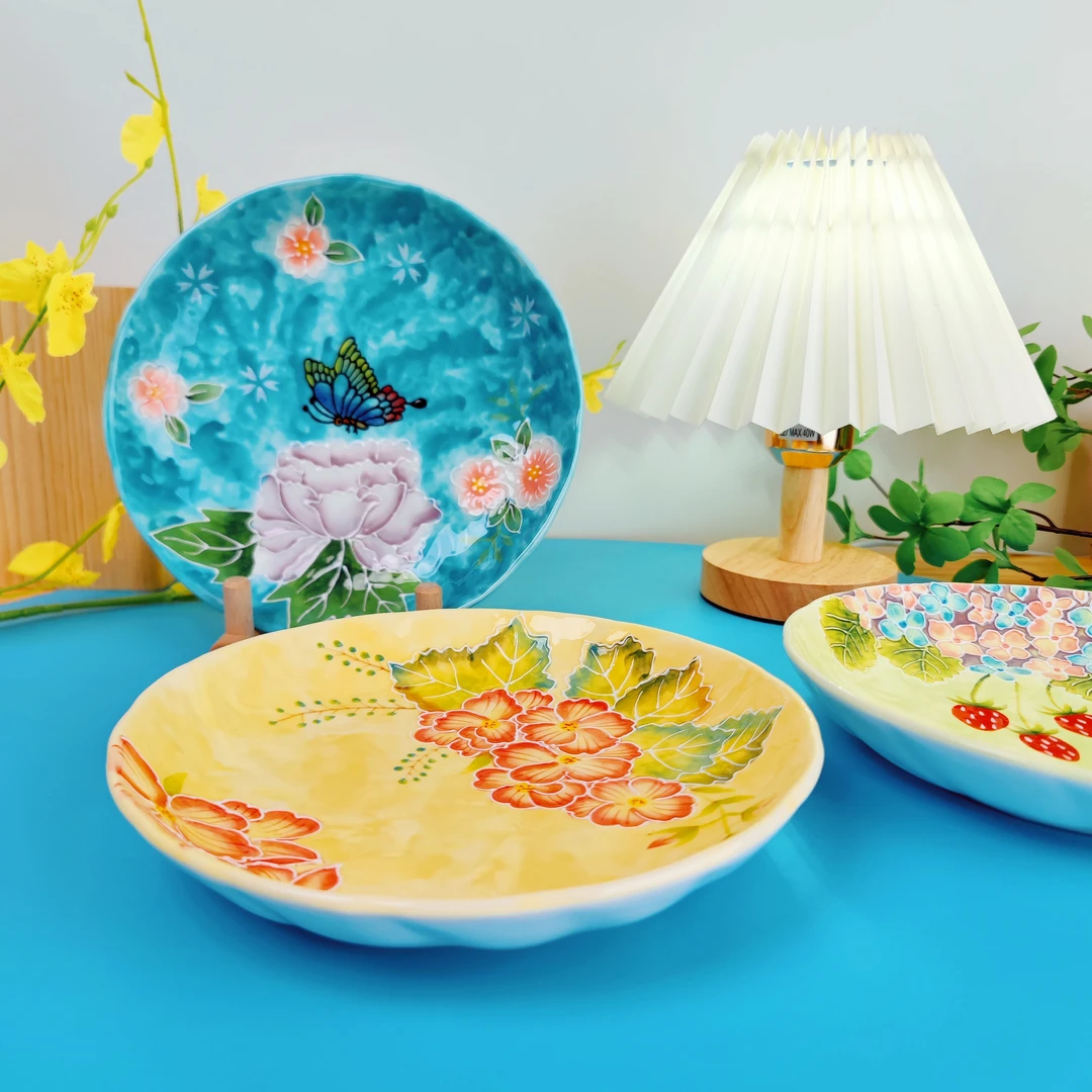 濑户烧釉下彩手绘8英寸深盘圆盘菜盘子家用陶瓷餐具网红高颜值