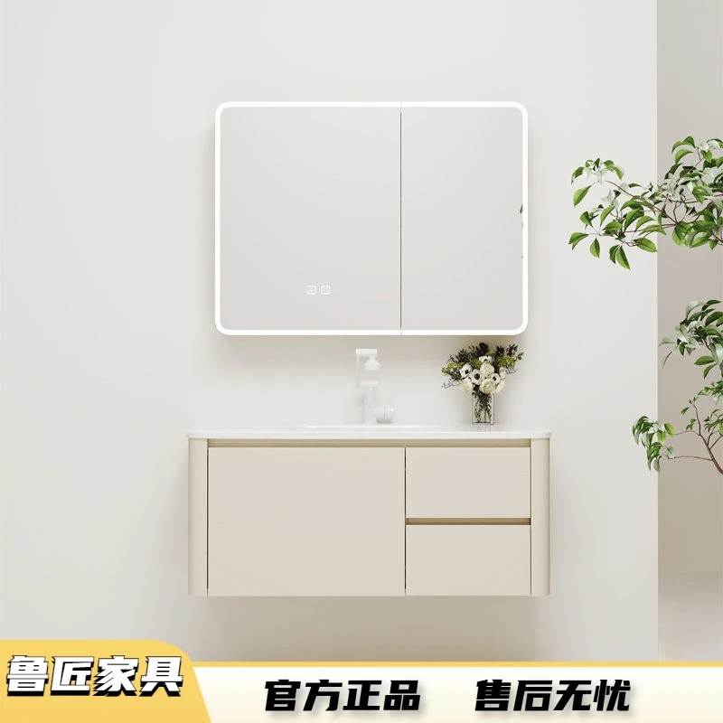 陶瓷一体盆奶油风浴室柜组合圆角加厚蜂窝太空铝洗漱洗手洗脸盆